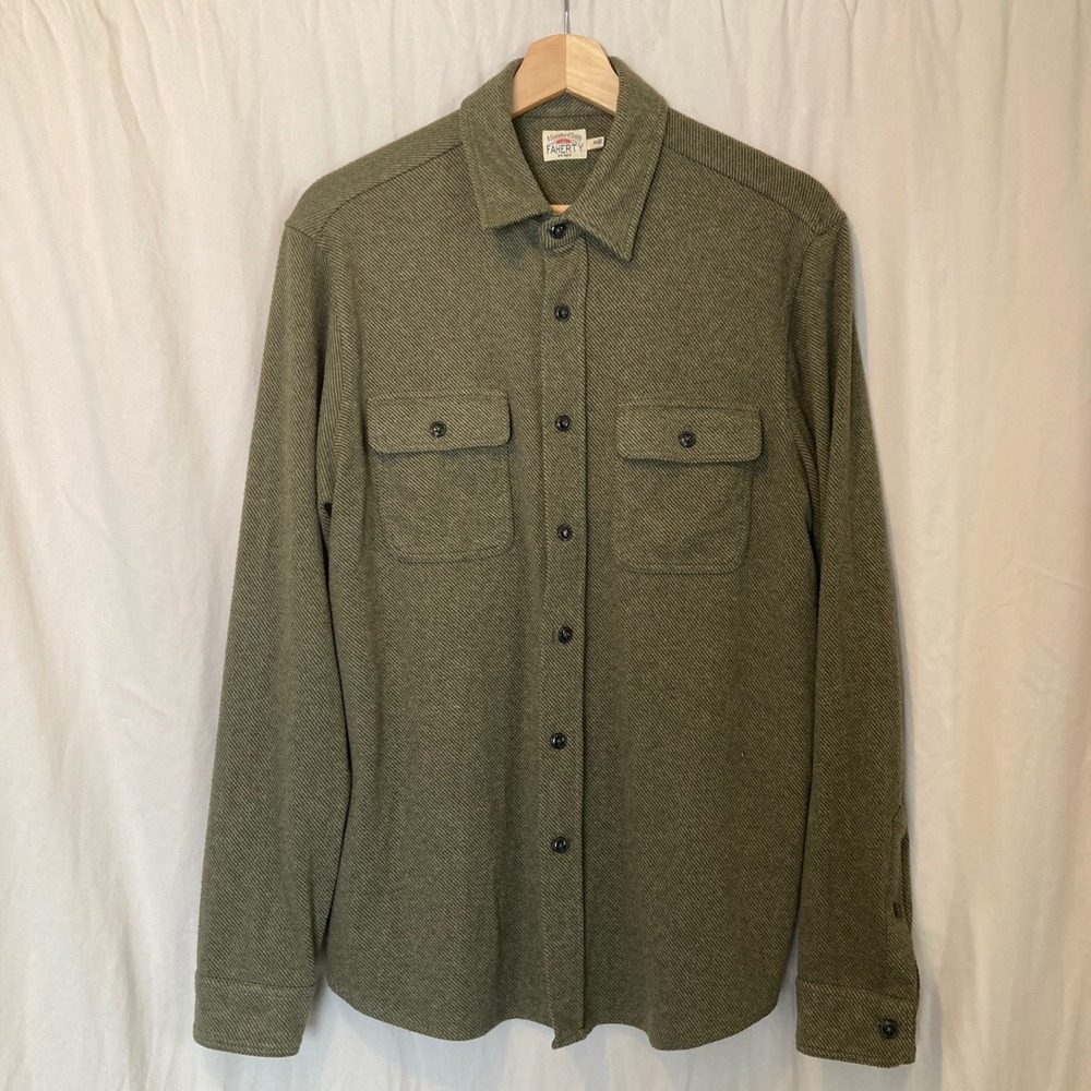 Faherty Brand Mens Olive Green Heavy Twill Long Sleeve Button Down Shirt Size M